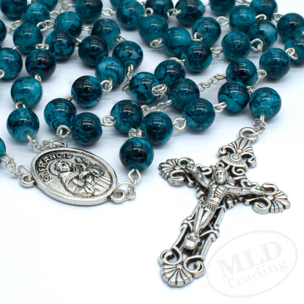 Blue Marble Glass Beads Saint St Francis Center Catholic Rosary Necklace 22\