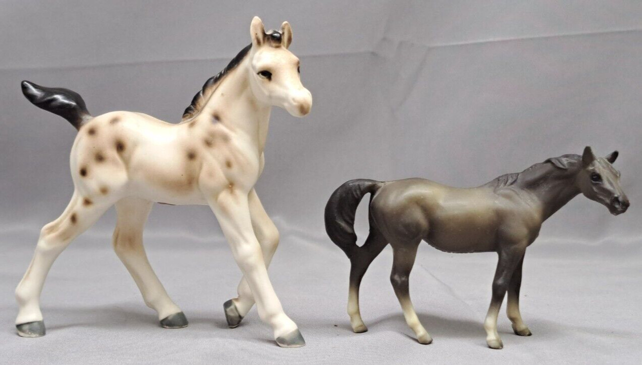 Vintage Japan Porcelain Ceramic Horse  White With Black spots & black horse