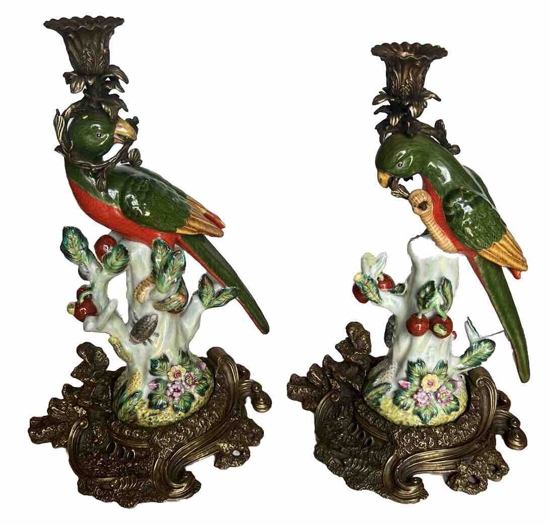 Vintage Ormolu Brass & Porcelain Parrot Candlesticks Hollywood Regency Boho