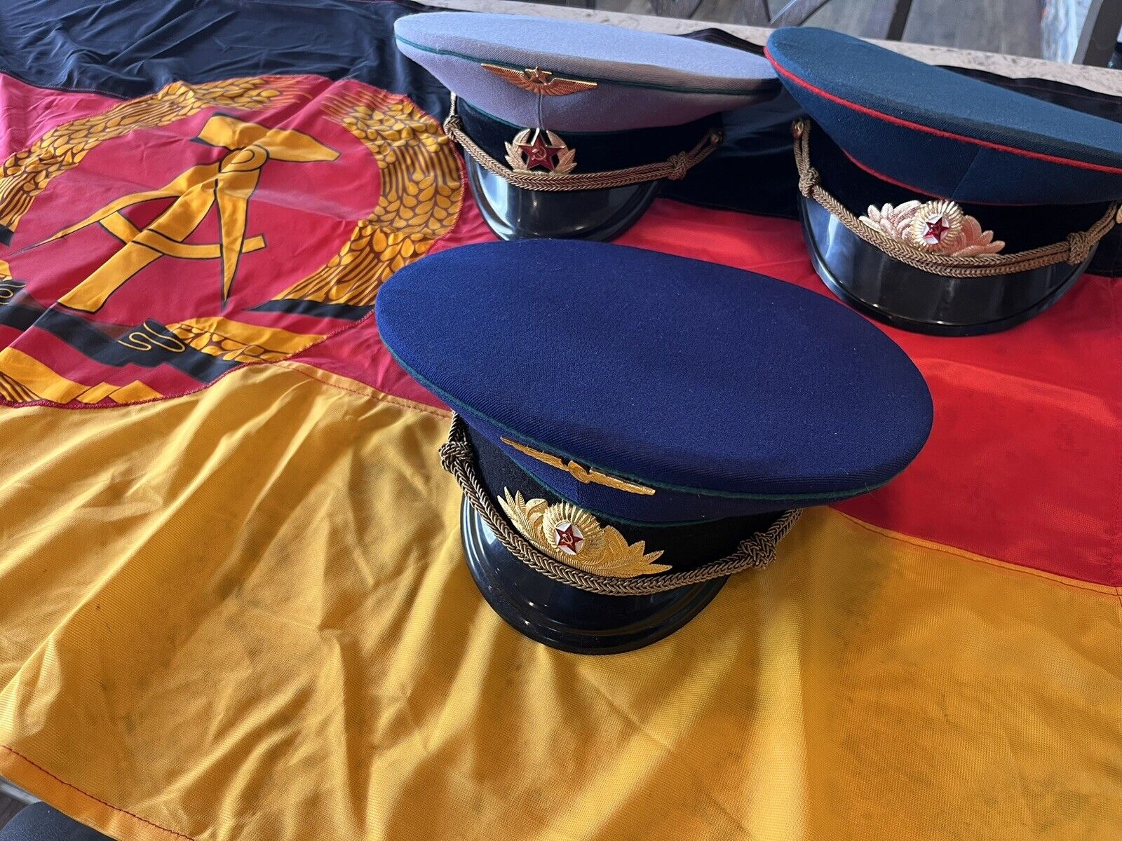 Soviet/USSR Military Hats x3 and Flag