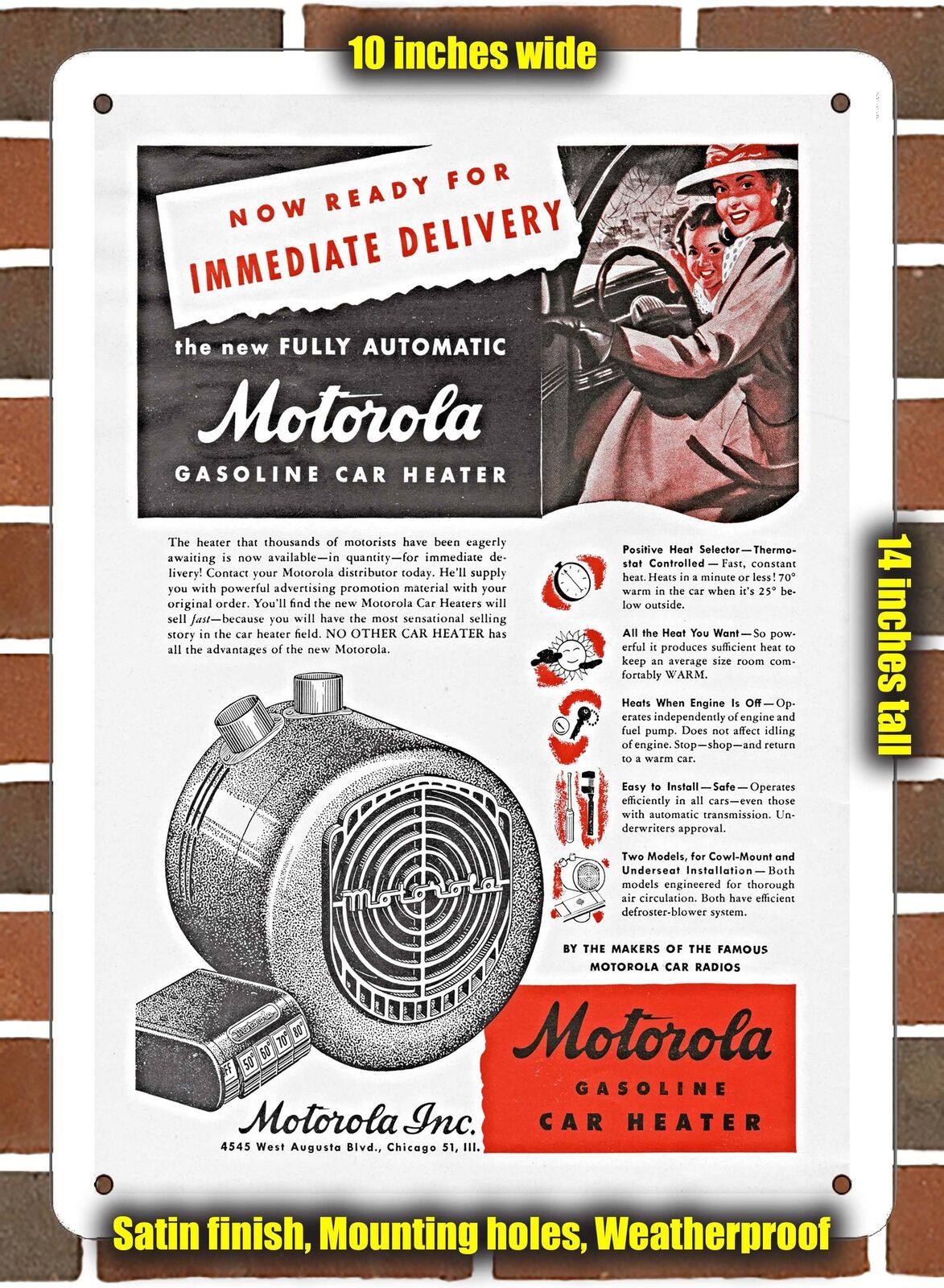 Metal Sign - 1948 Motorola Gasoline Car Heater- 10x14 inches