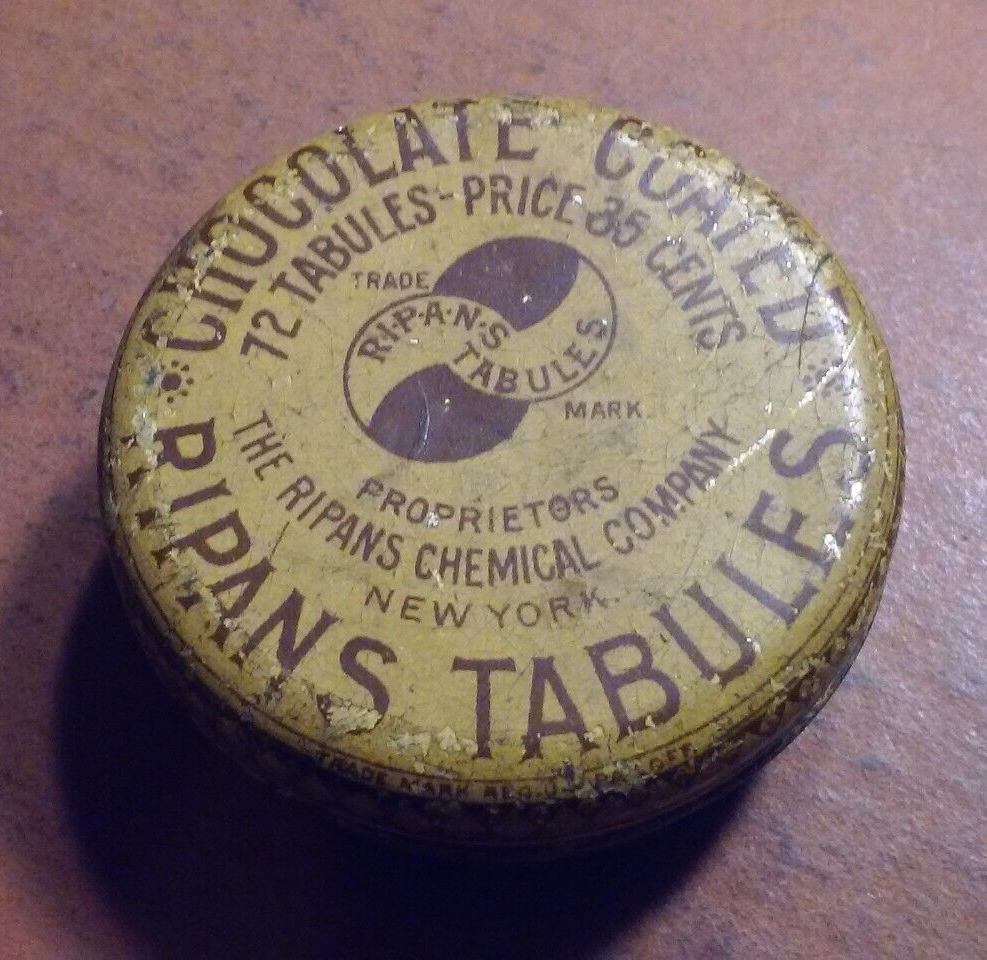 Early Circa 1900-10? Chocolate Coated Ripans Tabules Round Tin Quack Medicine
