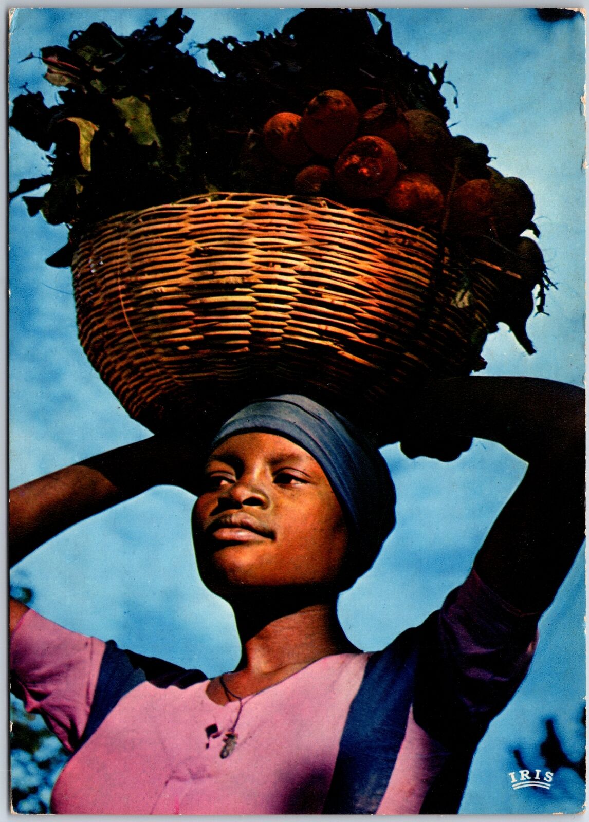 VINTAGE CONTINENTAL SIZED POSTCARD YOUNG JAITIAN GIRL CARRYING ON HER HEAD 1975
