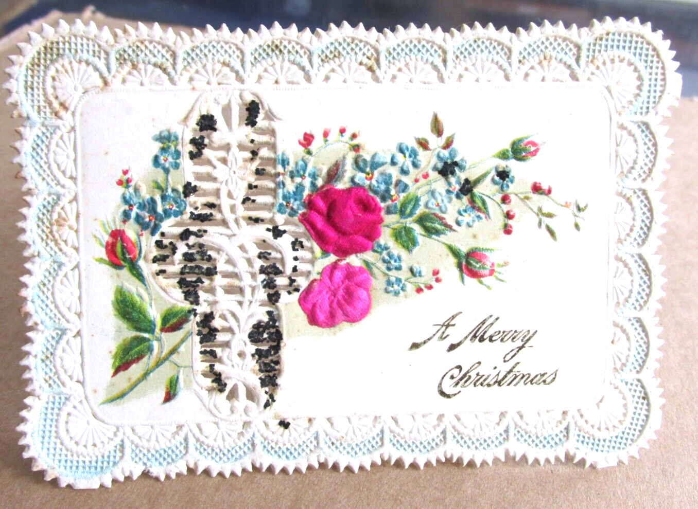 Victorian Embossed Cut Edge Silk Rose Glitter Merry Christmas Card, Calling Card