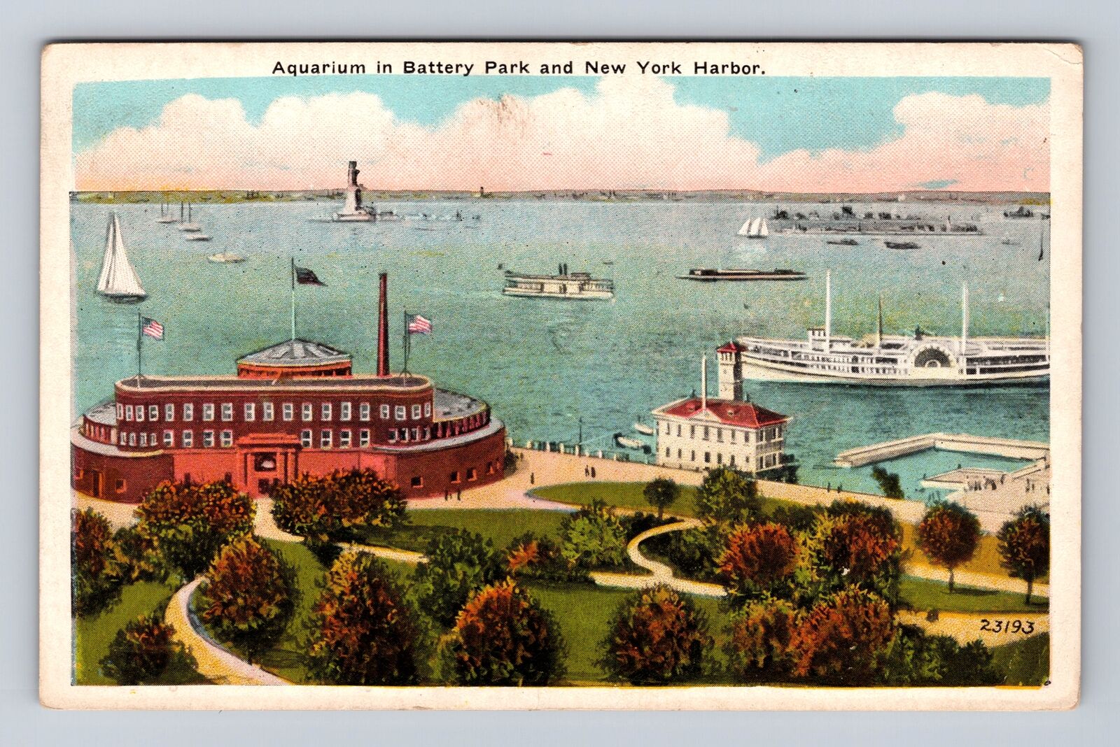 New York City NY-Aerial Aquarium And Battery Park, Antique, Vintage Postcard