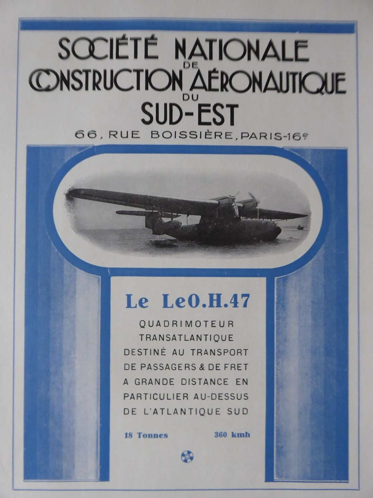 9/1937 PUB SNCASE LIORE OLIVIER LéO H.47 ORIGINAL SOUTH ATLANTIC HYDRAVION AD