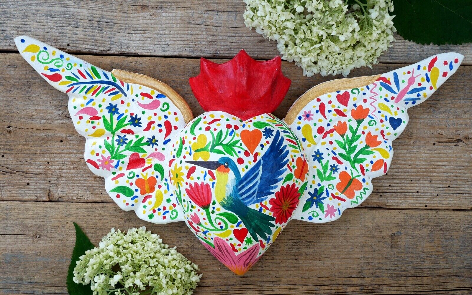 Heart Wings Hummingbird Crown Wood Hand Carved Painted Guerrero Mexican Folk Art