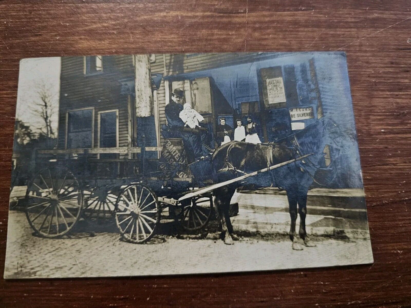 Antique Real Photo Postcard RPPC Father & Baby In Front Of Store Horse Wagon Vtg