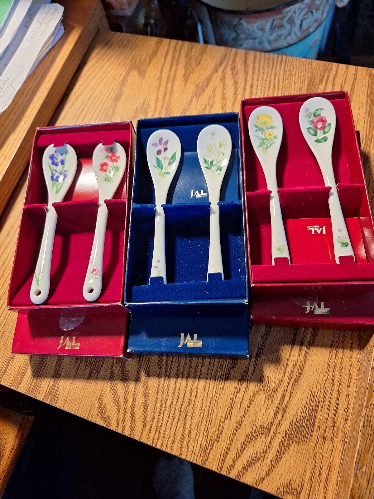 Lot Of 6 JAL Japanese Airlines  Porcelain Floral Souvenir Spoons, By Narumi, NIB