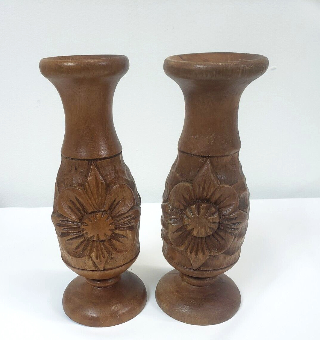 Vintage Wooden floral Candlestick Holders hand carved wood 9in high