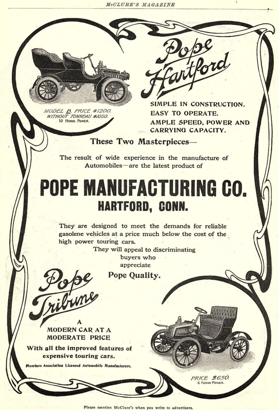 1904 POPE HARTFORD POPE TRIBUNE AUTOMOBILE CO CONN. PRINT ADVERTISEMENT Z1828