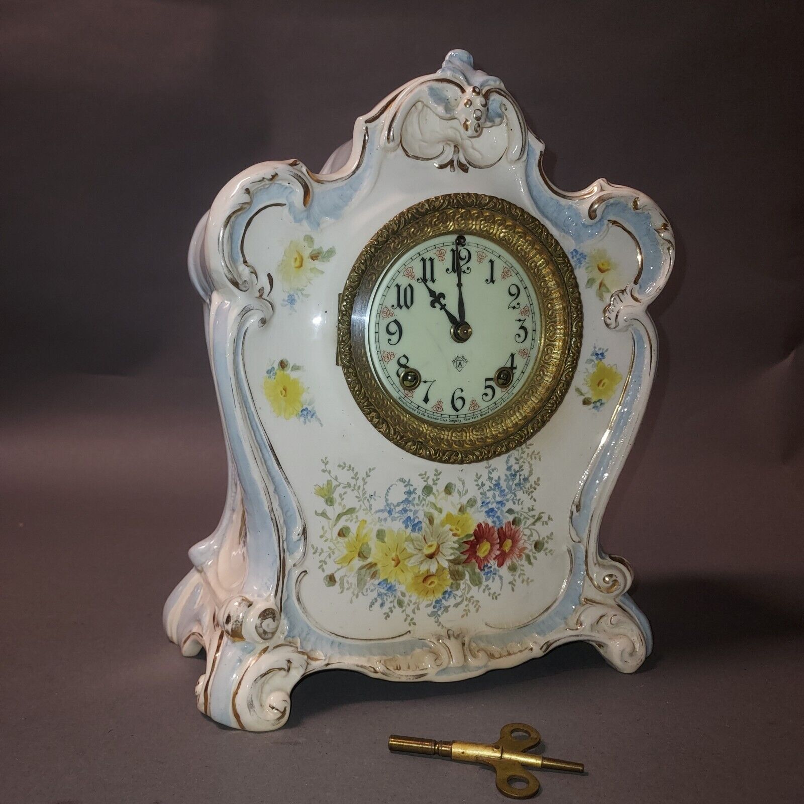 Ansonia La cumbre Porcelain Enamel Clock In Royal Bon Case Excellent