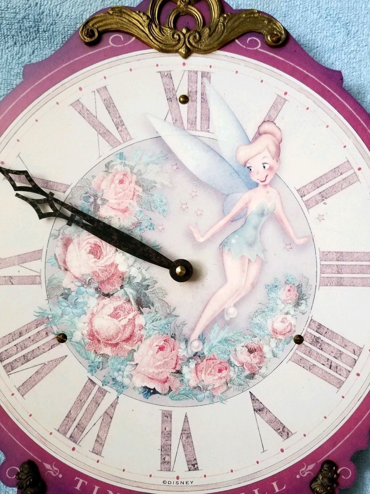 Rare Disney Tinker Bell Purple Pendulum Flower Wall Clock Timeworks in Box