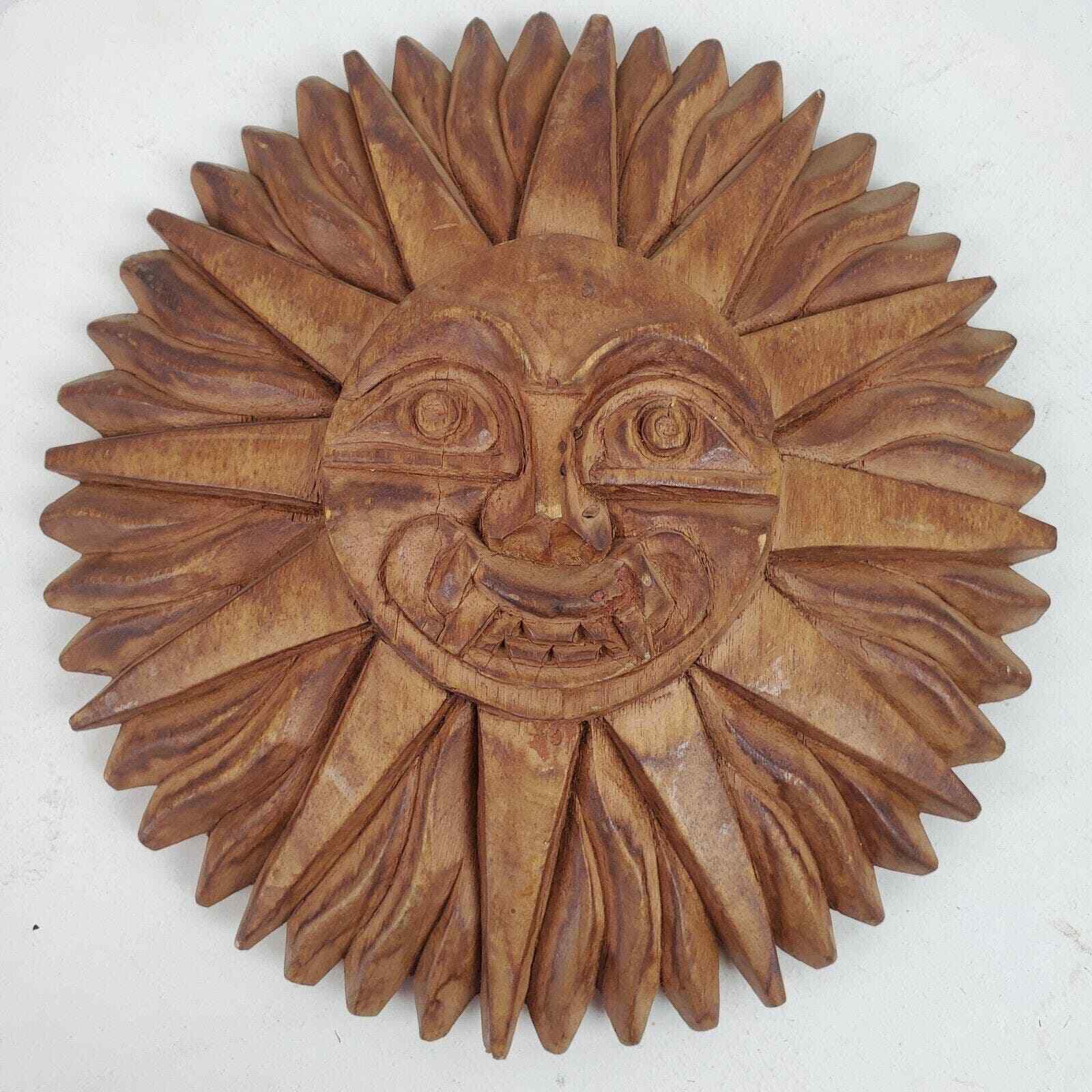Vintage 1990s Hand Carved Wood ART Sun w/ Fangs 9 Inch Round Venezuela