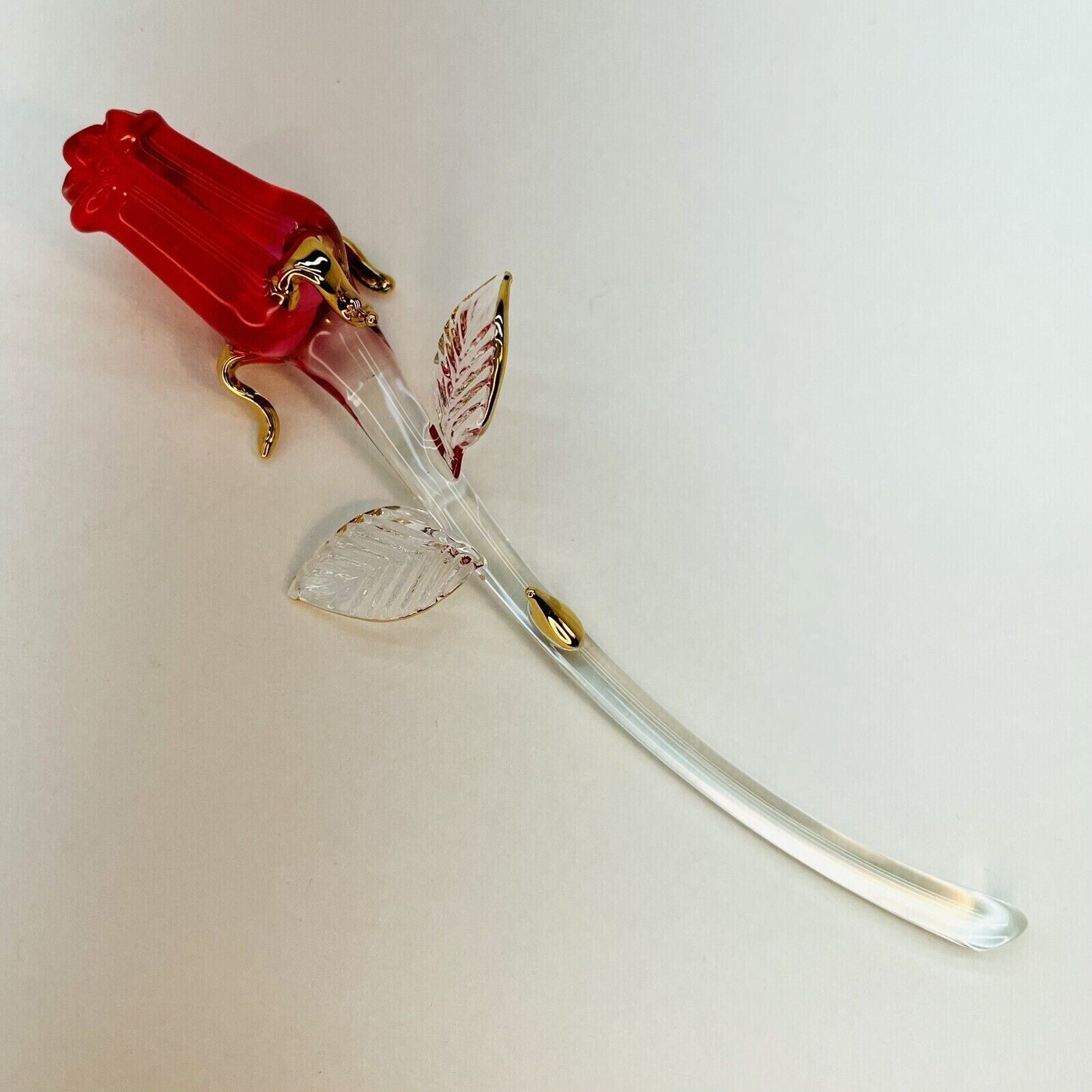 Vintage Glass Sculpture Red Gold Rose Long Stem Love Valentine's Day Gift