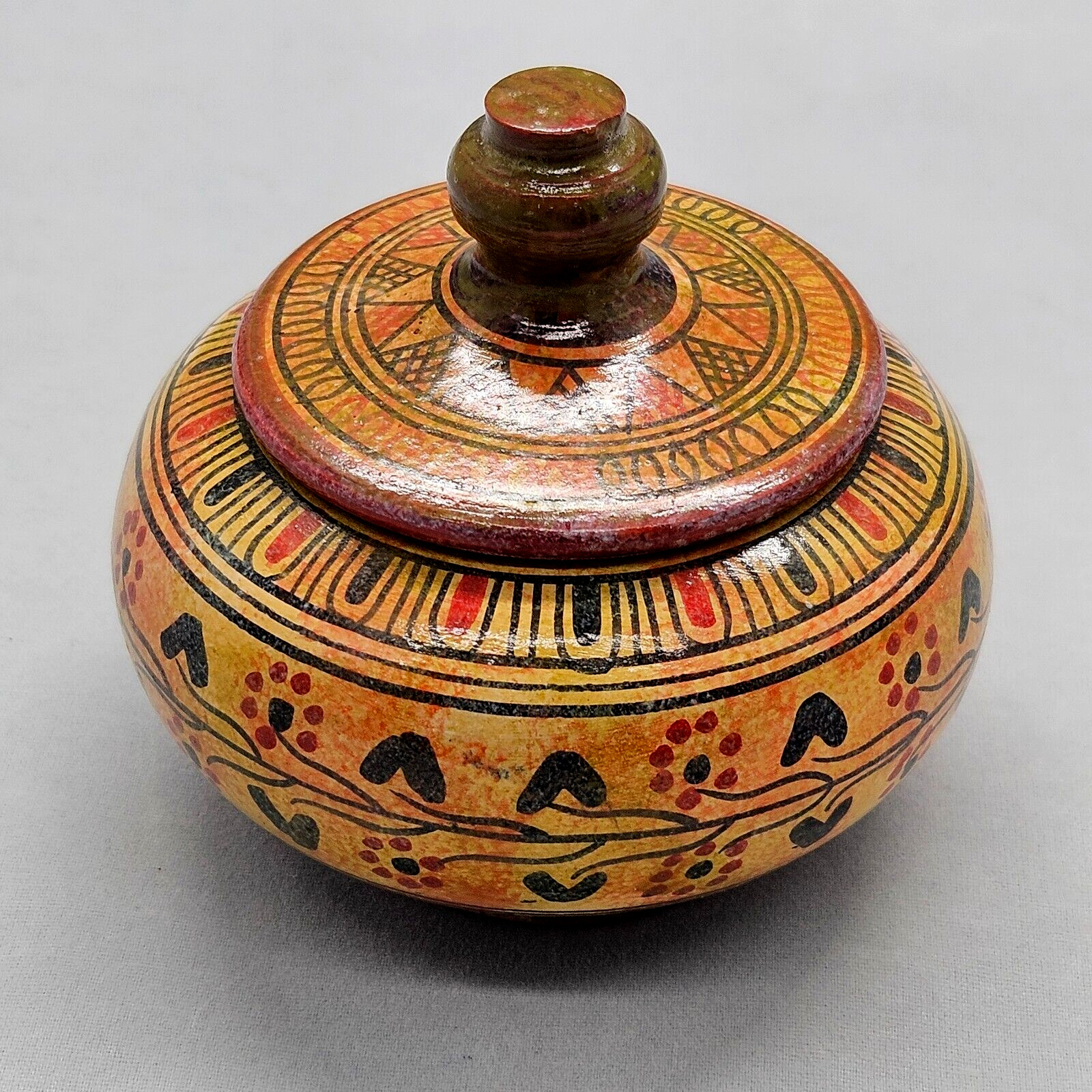 Vintage Greek Reproduction Pyxis Small Hand Painted Ceramic Bowl w Lid 800 BC