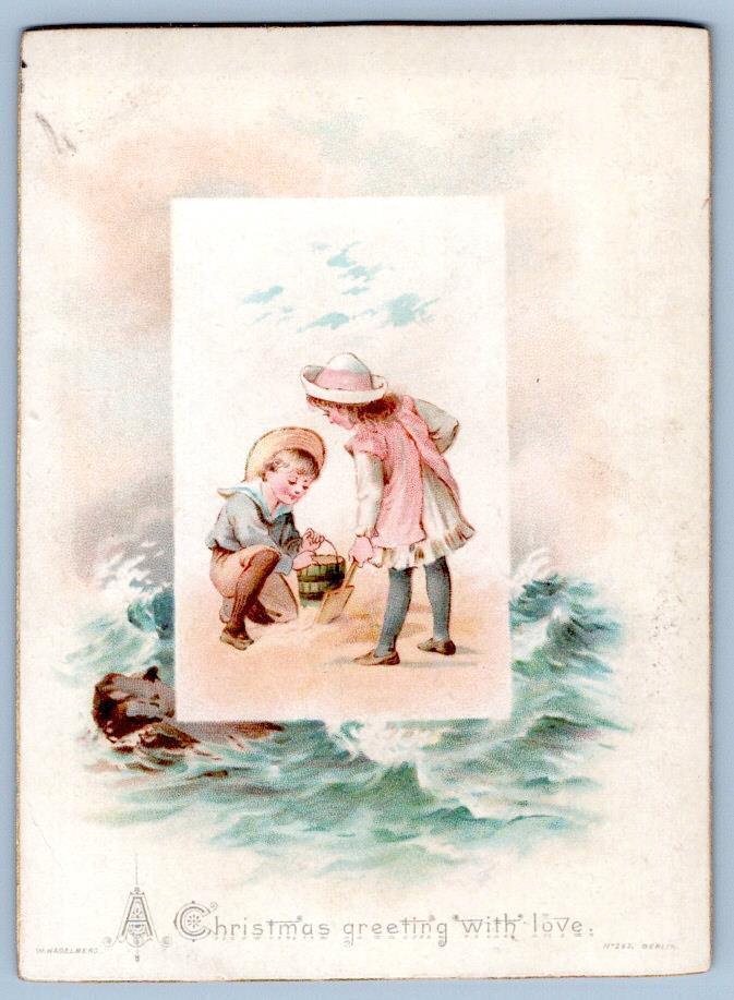1890\'s CHRISTMAS CHILDREN AT SEASHORE BEACH HAGELBERG BERLIN GERMANY CARD