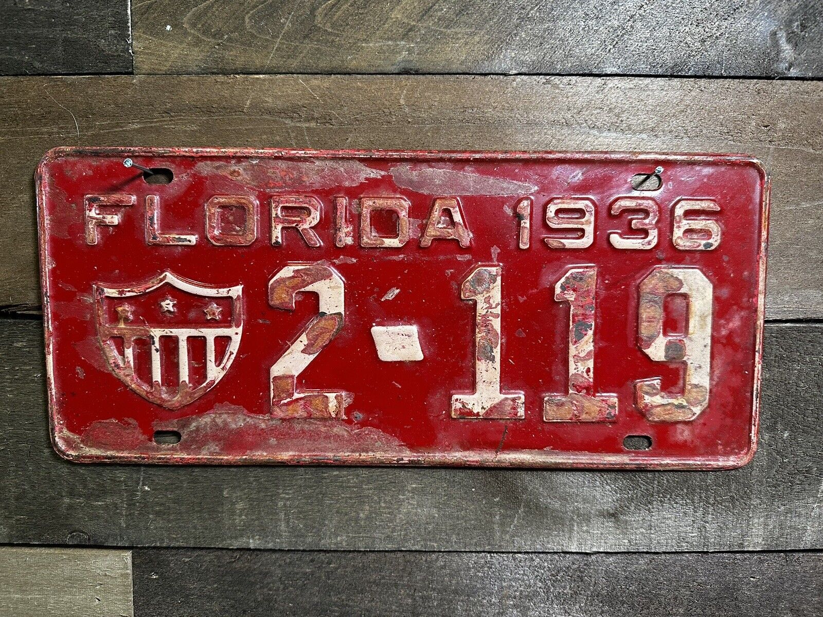 VINTAGE 1936 FLORIDA TAG ARMY LICENSE PLATE #2-119