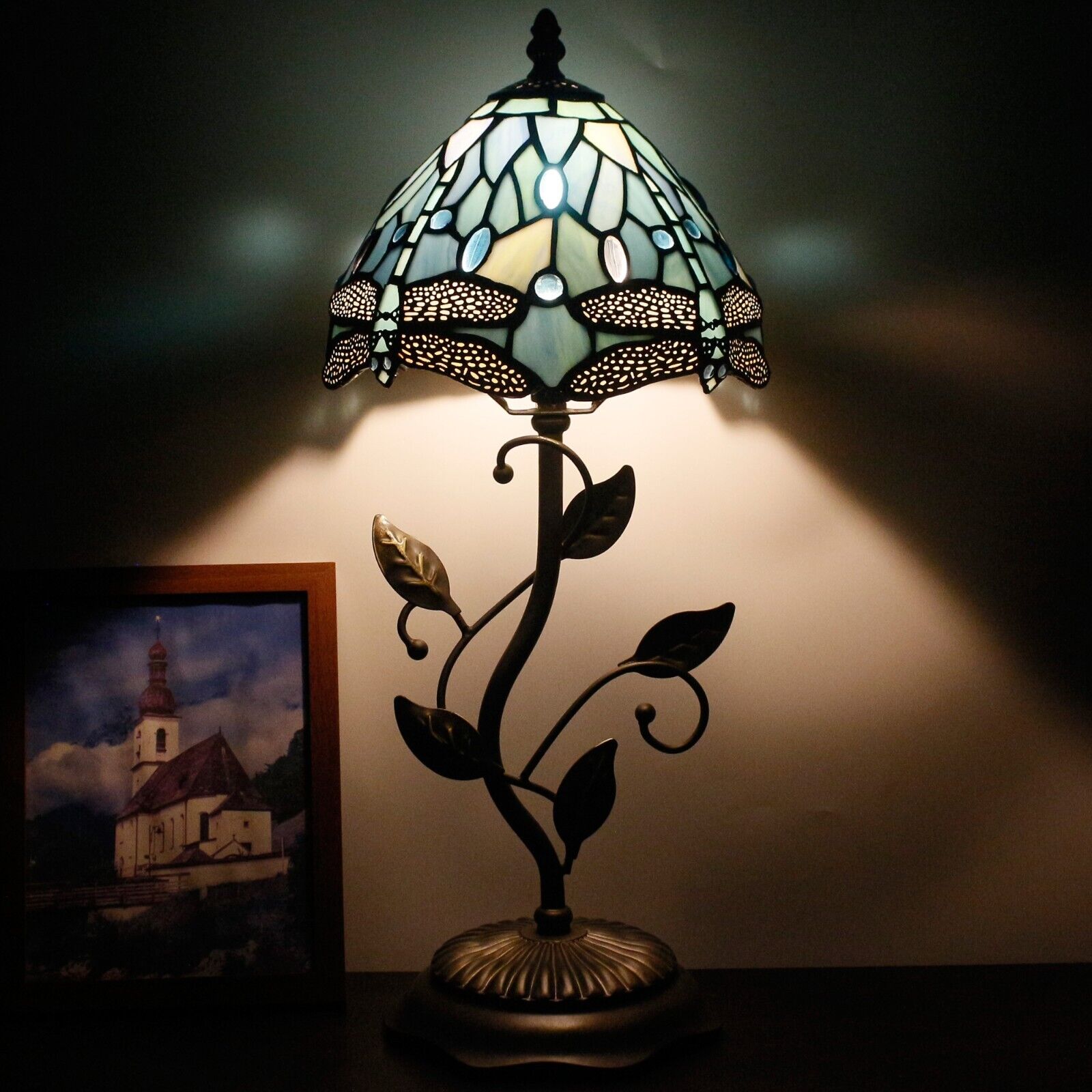 Small Tiffany Table Lamp Sea Blue Dragonfly Style Stained Glass Desk Ligh 8 inch