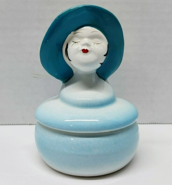 Vintage Irice Ceramic Round Art Deco Flapper Girl Teal Powder Vanity Trinket Box