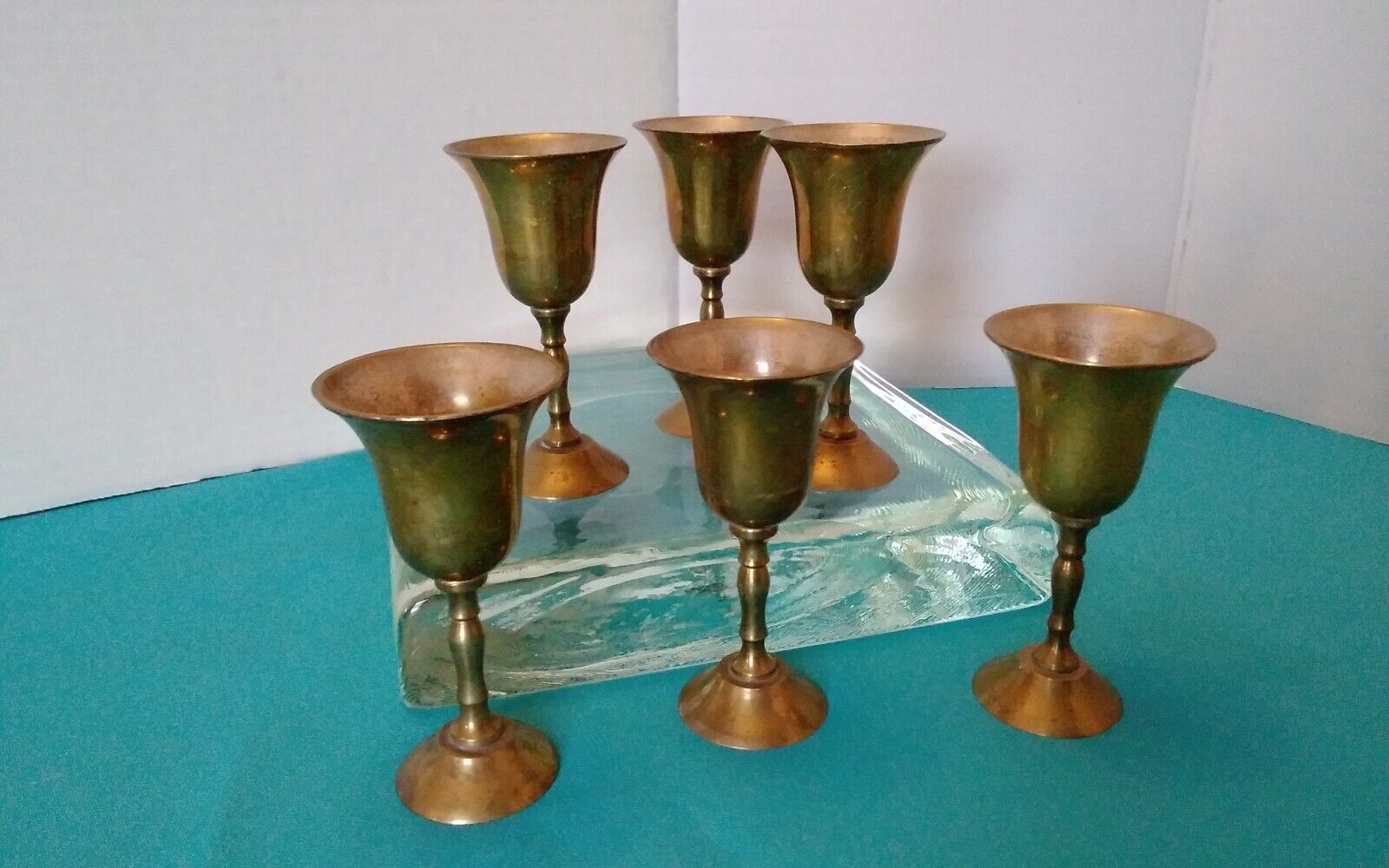 Vintage Lot Of 6 Brass Wine Goblets Cordials Unpolished Patina 4” Made In India