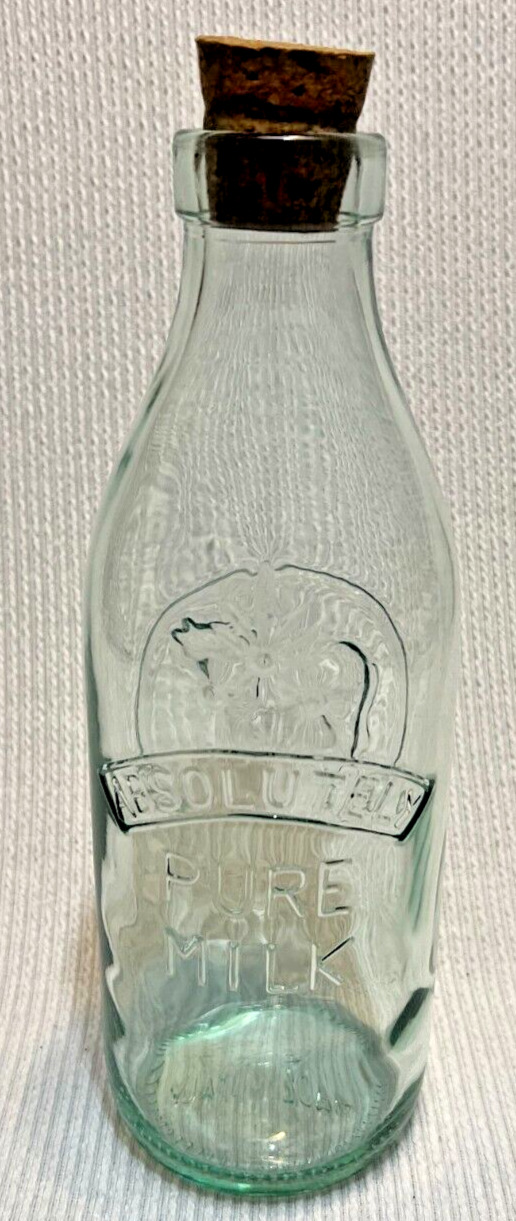 Absolutely Pure Milk Bottle W/ Cork Made in Italy. 1 qt. Quart Embossed Cow.