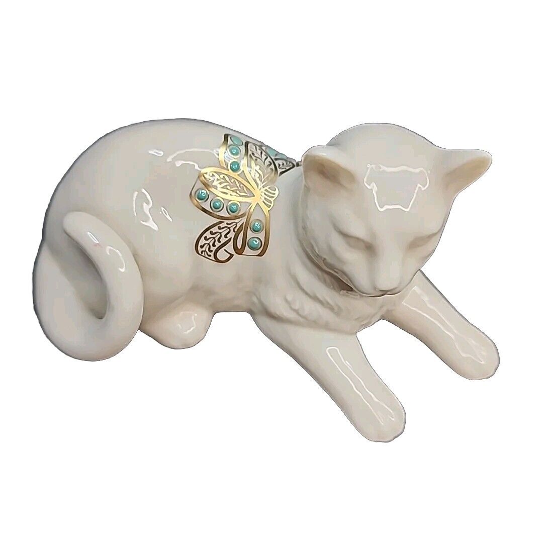 Lenox Cat Kitten Aqua Jewels Gold Bow Porcelain China Figurine 1992 Resting 6