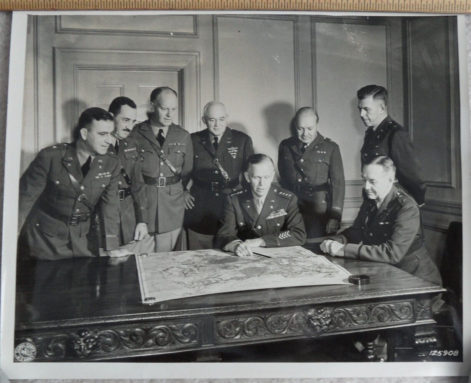 Gen George Marshall & Top Brass Peer at Map at HQ WWII Army Signal Corps Photo