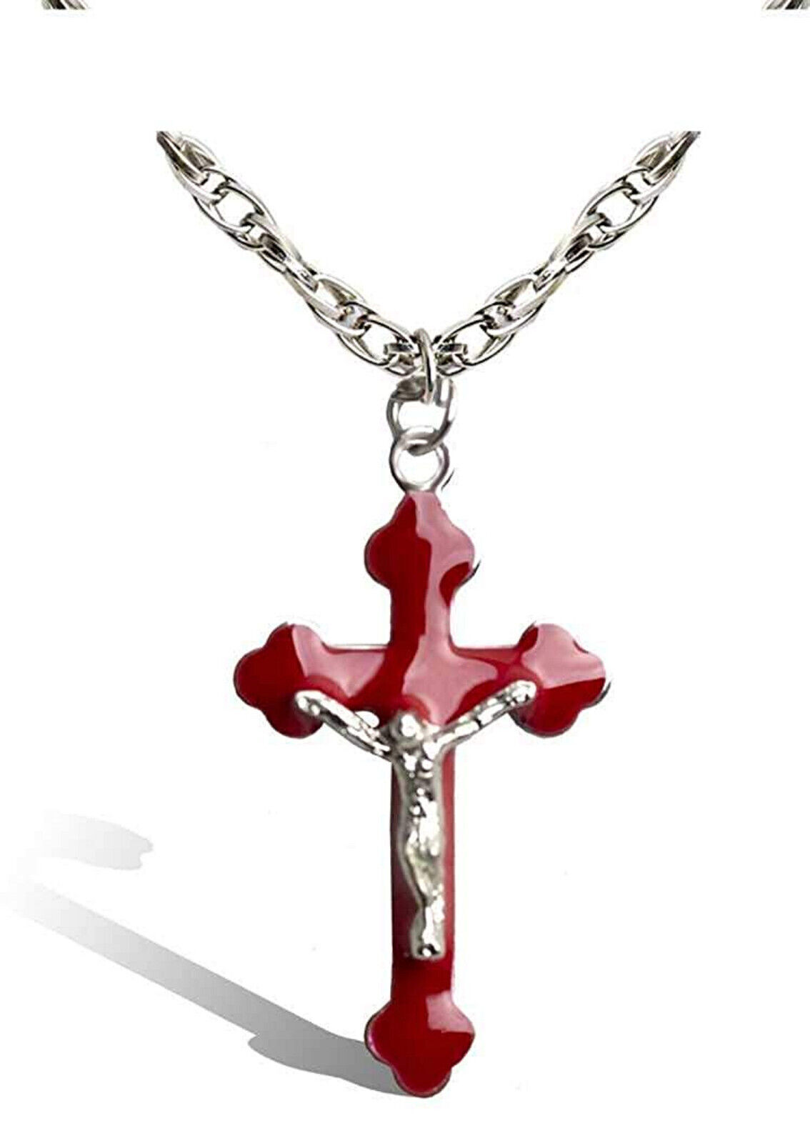 Stylish Christian Silver Plated Jesus Christ Cross Chain red Pendant for unisex