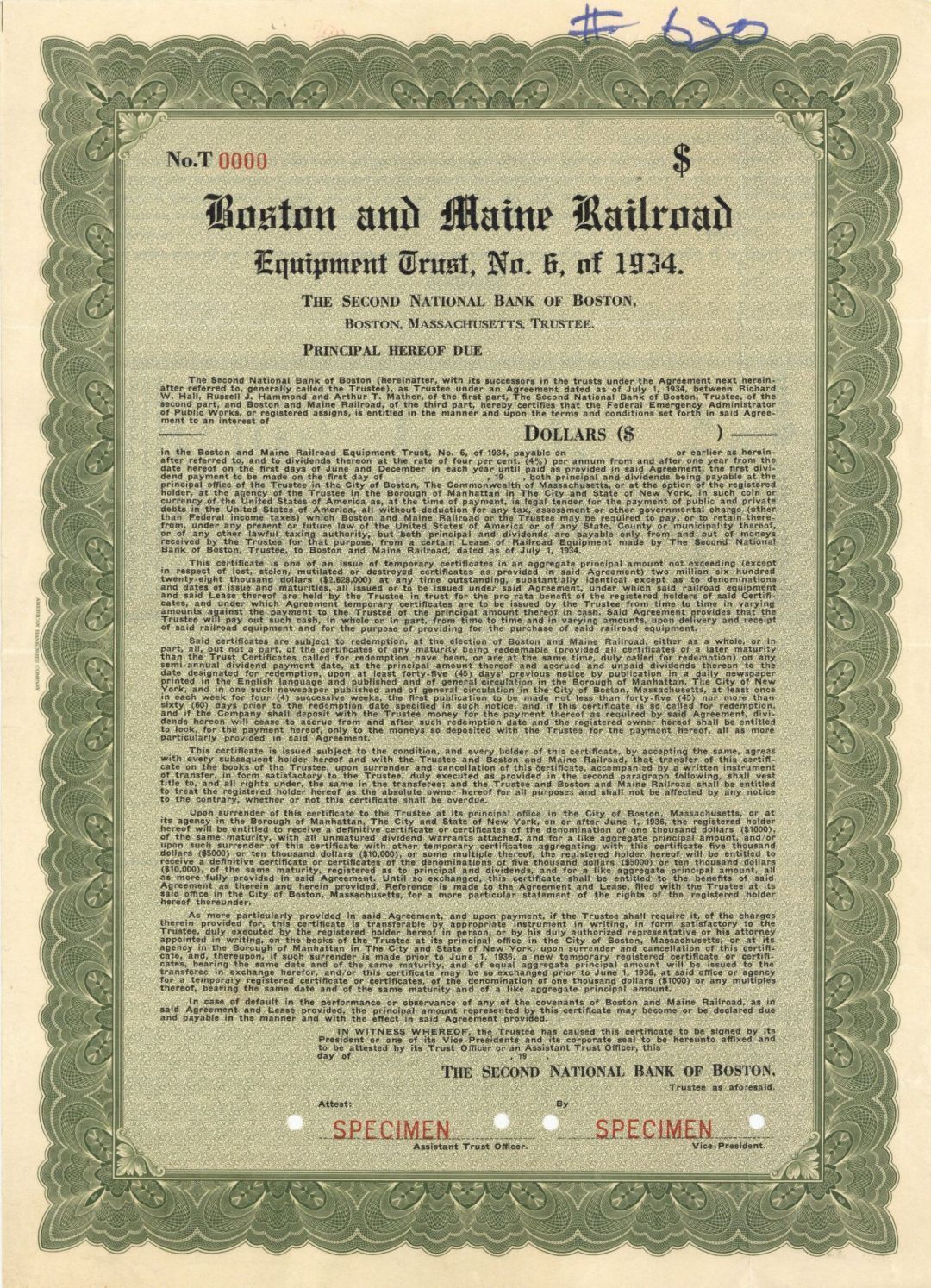 Boston and Maine Railroad - 1935 Railroad Specimen Bond - Specimen Stocks & Bond
