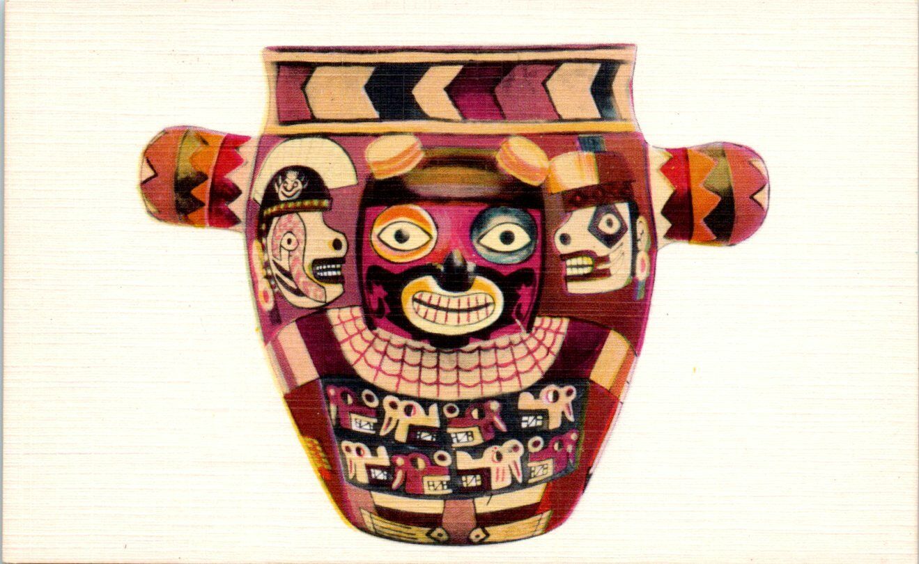 Vintage Linen Native American Postcard Ornate Pottery Vessel Nasca Peru