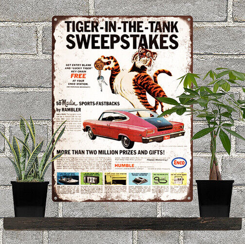 1965 Enco Tiger In the Tank Rambler Humble Oil Metal Sign Repro 9x12\