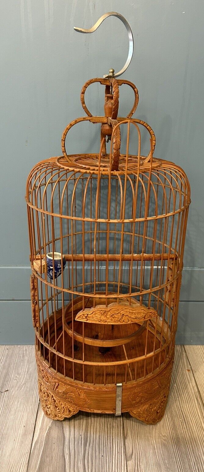 Vintage 1960 Circa Asian Round Carved Bamboo Wooden Bird Cage 22” Preowned