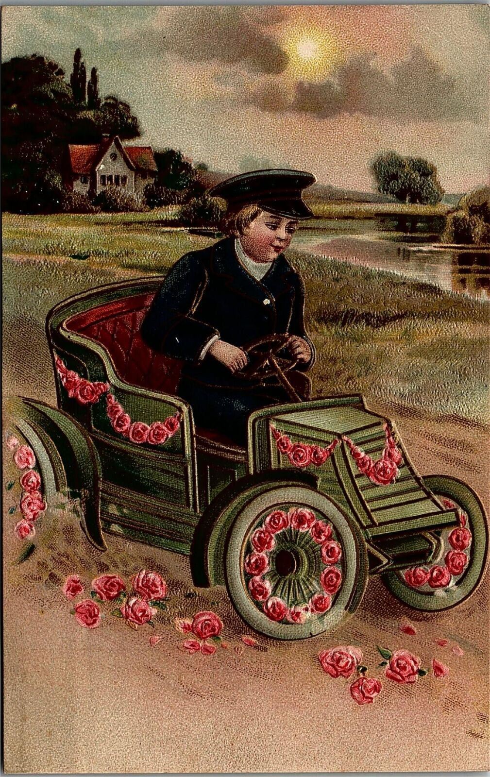 c1909 VICTORIAN BOY DRIVING AUTOMOBILE FLOWERS VALENTINES DAY POSTCARD 39-86