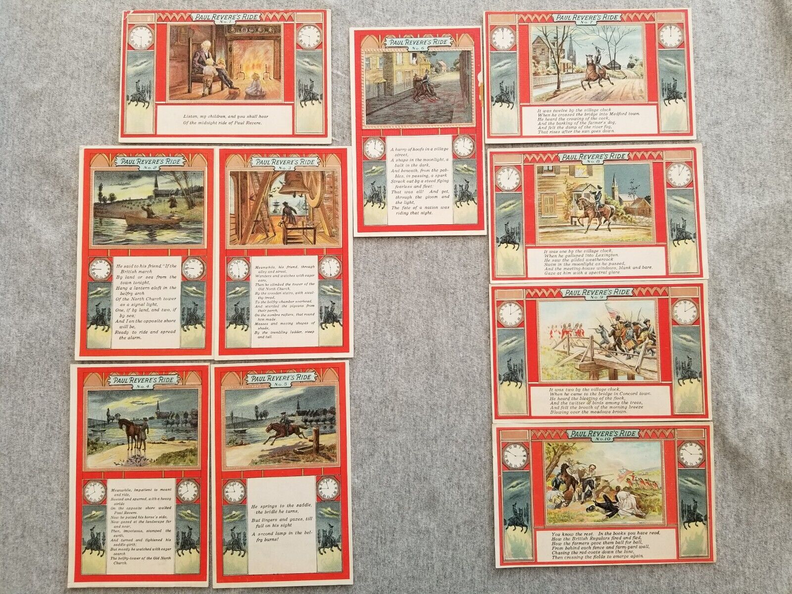 Paul Revere\'s Ride Longfellow Poem Complete Lot of 10 Postcards c 1910 Unposted