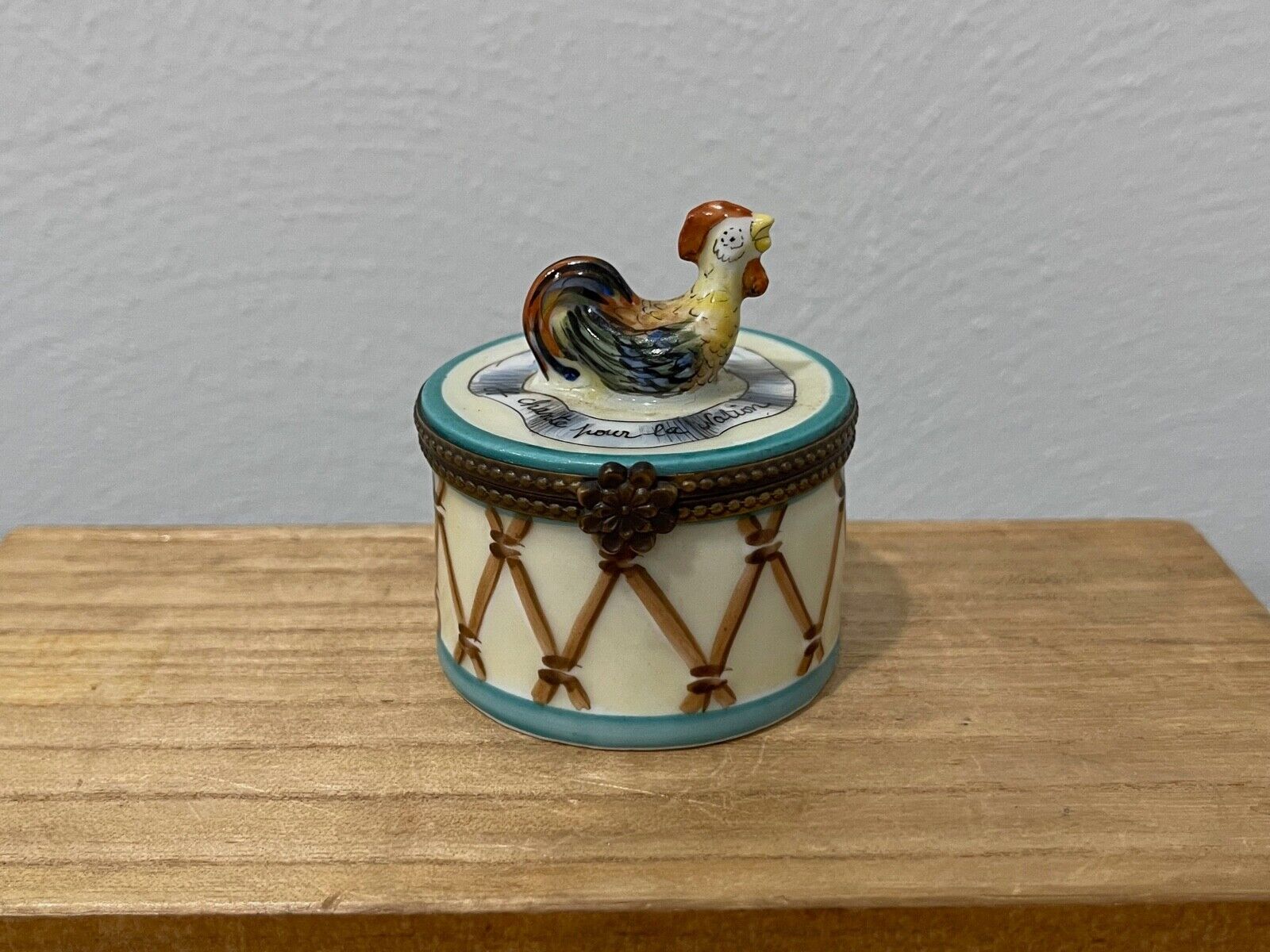 French Porcelain Trinket Box Drum w/ Chicken on Top Sing For The Nation