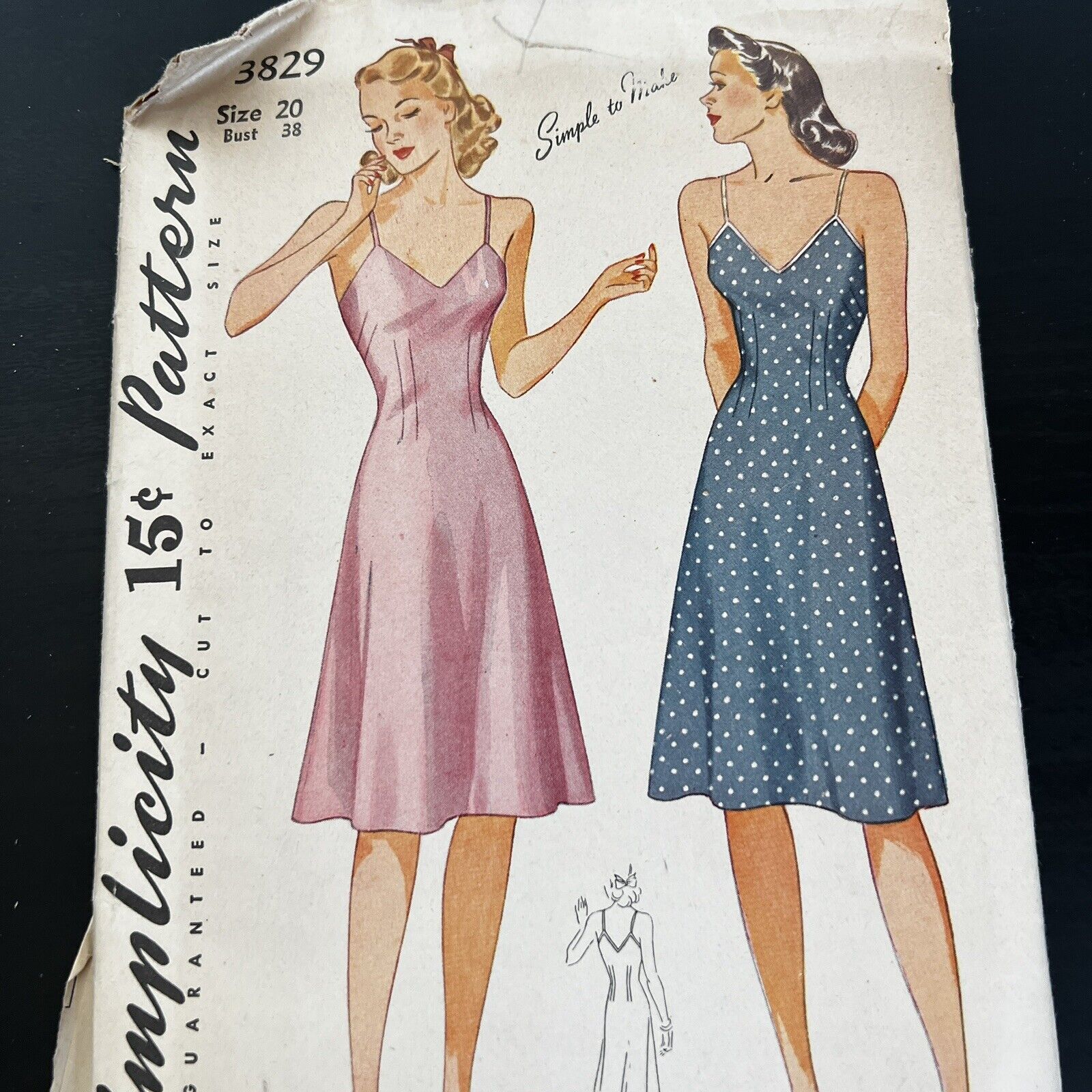 Vintage 1940s Simplicity 3829 Glam Pinup Bias Slip Sewing Pattern 20 M/L USED