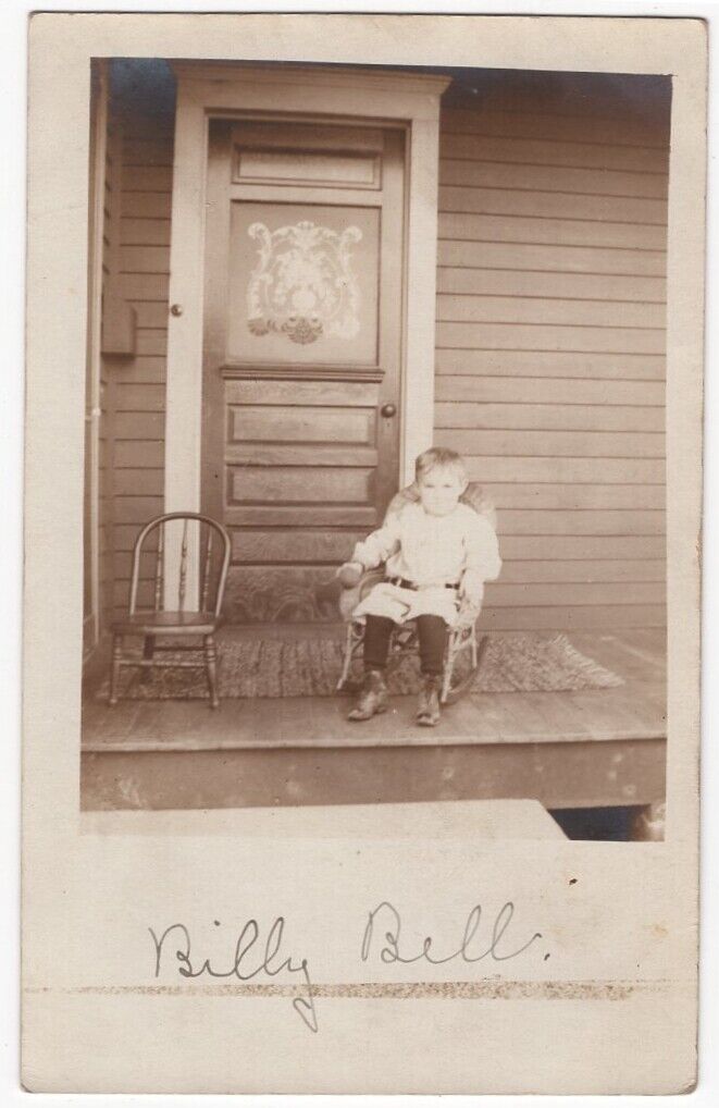VINTAGE RPPC REAL PHOTO POSTCARD LITTLE BOY BILLY BELL ON PORCH c1906 090921 Q