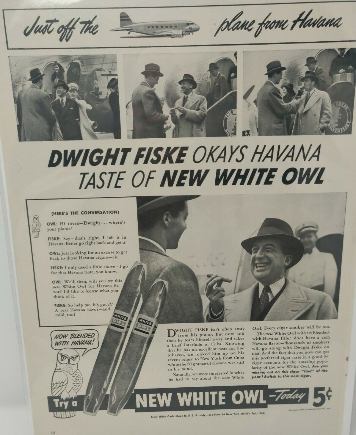 Vintage 1940 White Owl Cigar Advertisement Havana Cuba Dwight Fiske