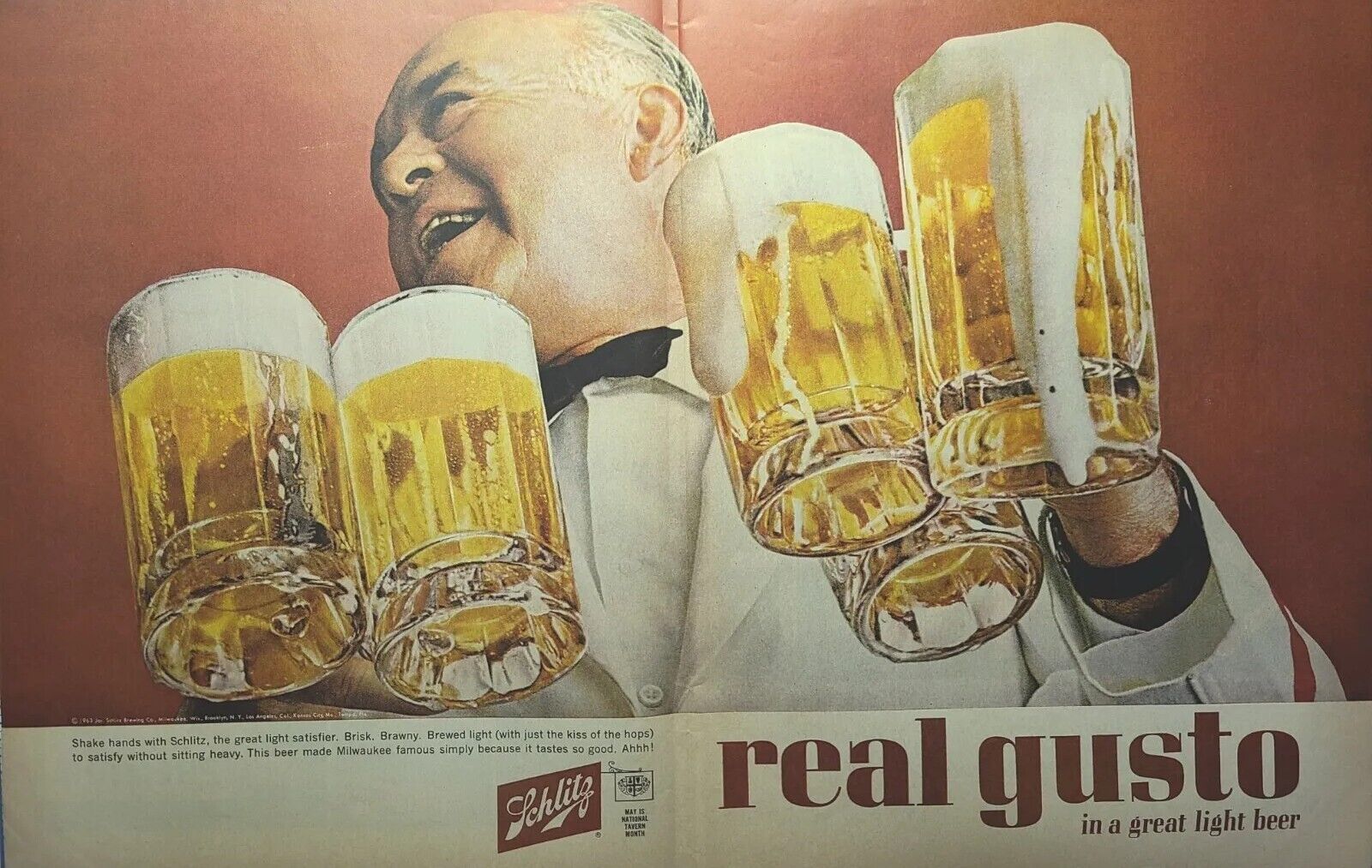 Schlitz Beer Real Gusto Barkeeper Just A Kiss Of The Hops Vintage Print Ad 1963