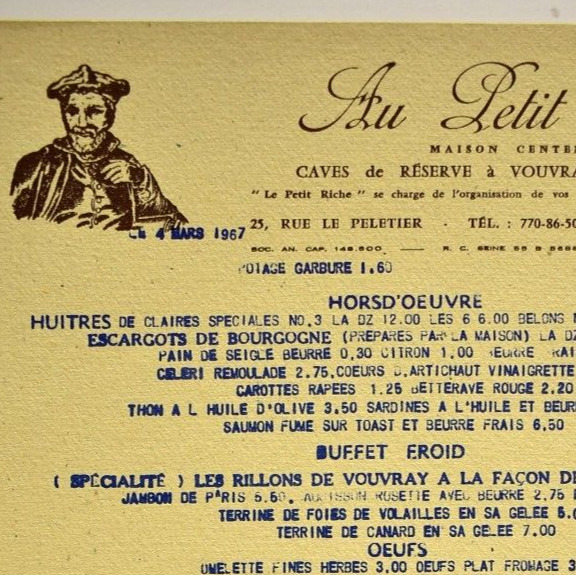 Vintage 1967 Au Petit Riche Restaurant Menu 25 Rue Le Peletier Paris France