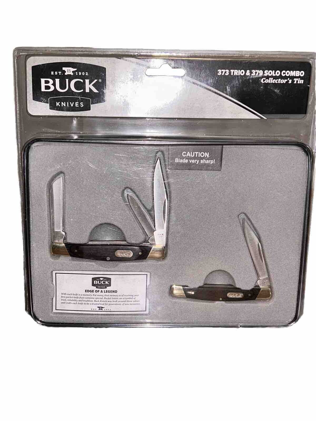 Buck 373 & 379 Trio Solo Pocket Knife Set w Collector Tin Black Pakkawood New