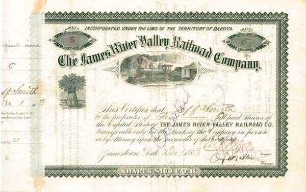 James River Valley Railroad Co. - Stock Certificate - Northern Pacific RR Archiv