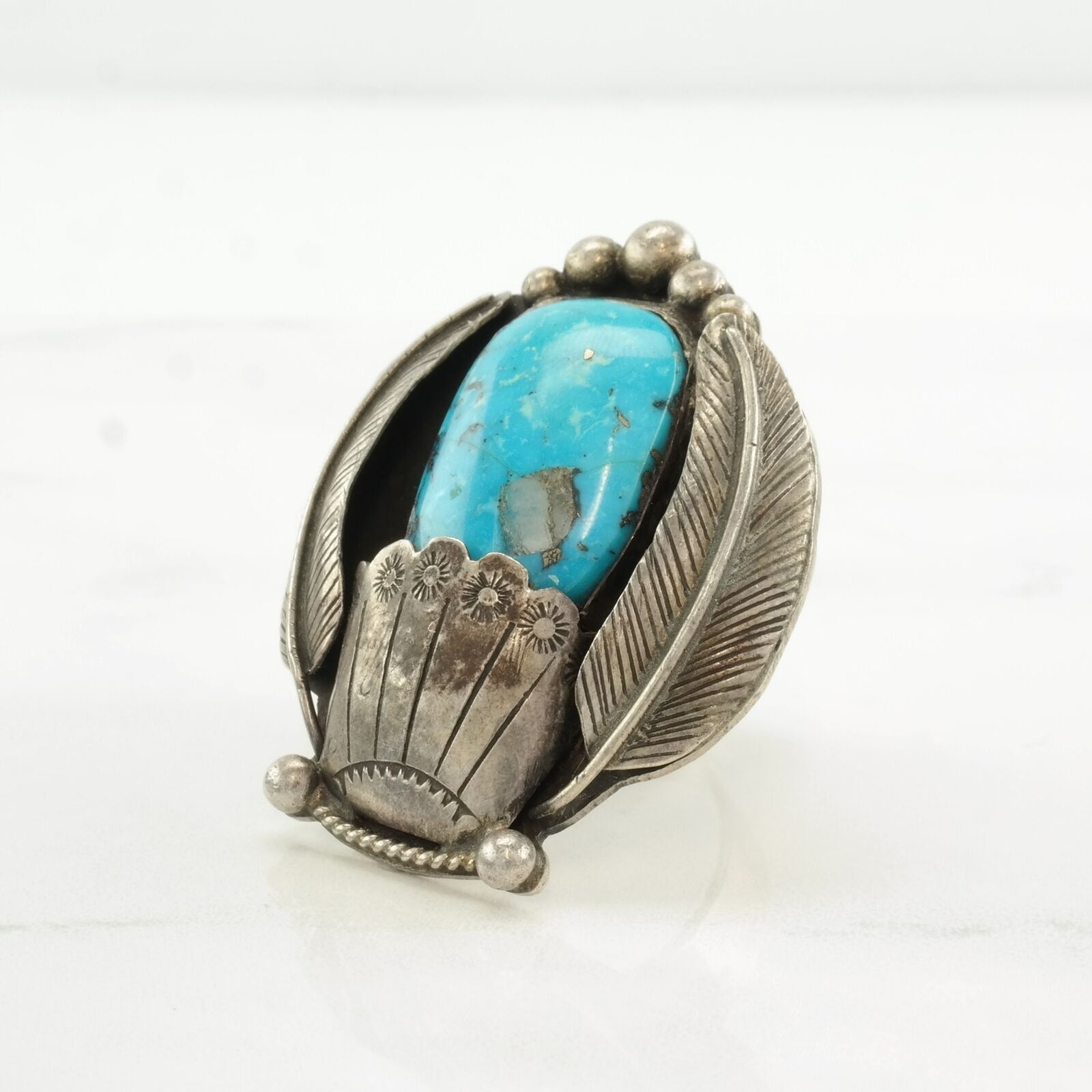 Vintage Native American Silver Ring Turquoise Feather, Stamped Sterling Size 7