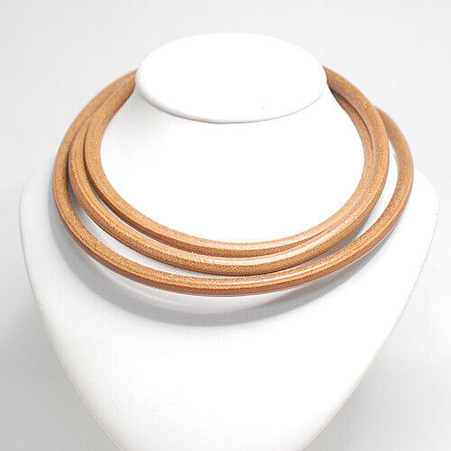 Hermes Long Choker Necklace Leather/Light Brown Silver Hardware 12649