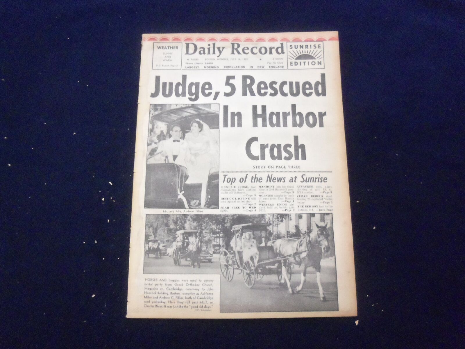 1958 JULY 14 BOSTON DAILY RECORD NEWSPAPER - 5 RESCUED IN HARBOR CRASH - NP 6355