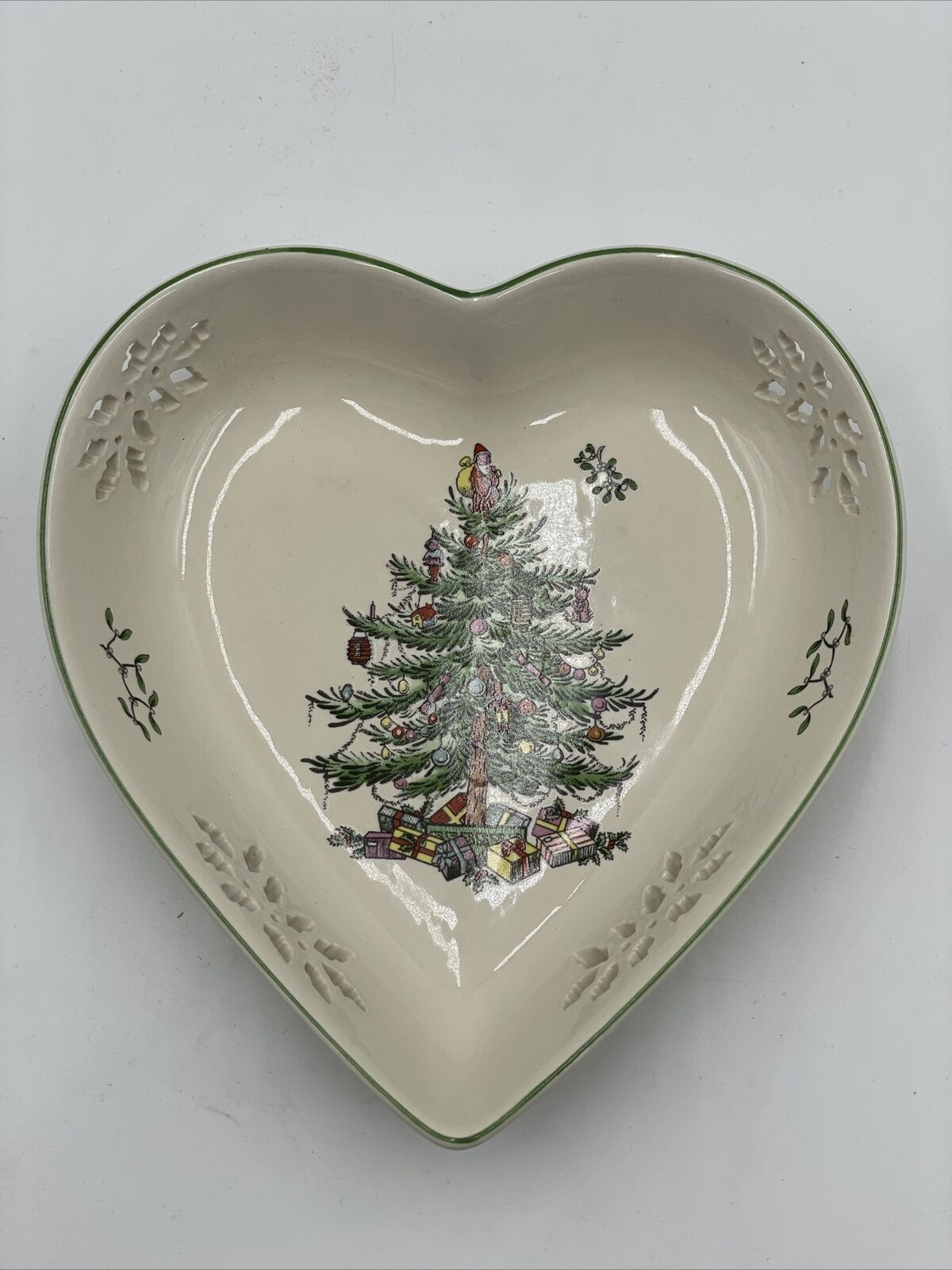 Vintage Spode Christmas Tree Heart Shape Candy Trinket Dish Christmas Santa 7”