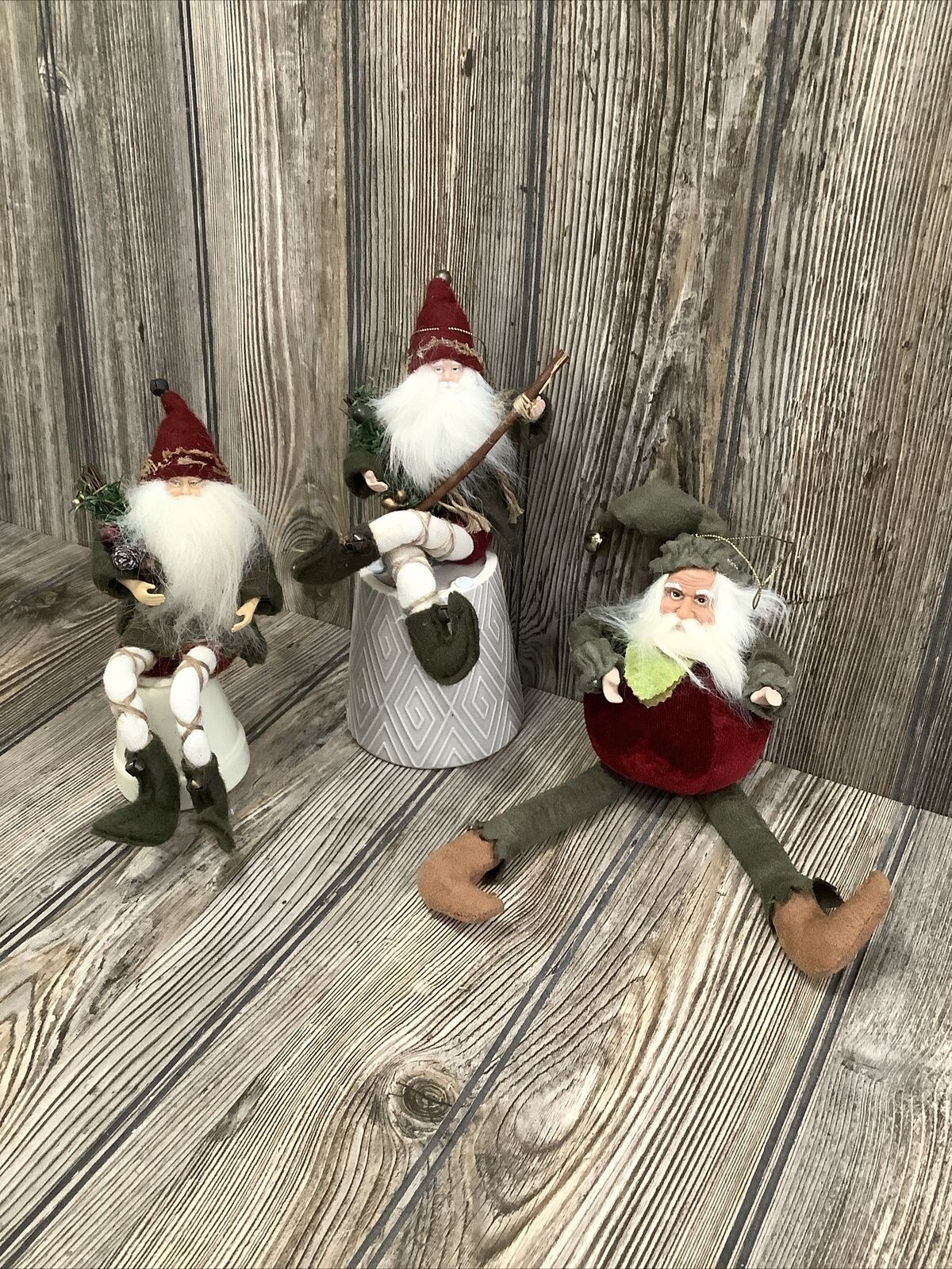 Christmas Woodland Santa Claus Ornaments Set Of 3 ~ 10” Tall