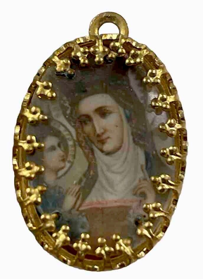 Vintage Catholic St Anne De Beaupre Colorized Gold Tone Religious Medal