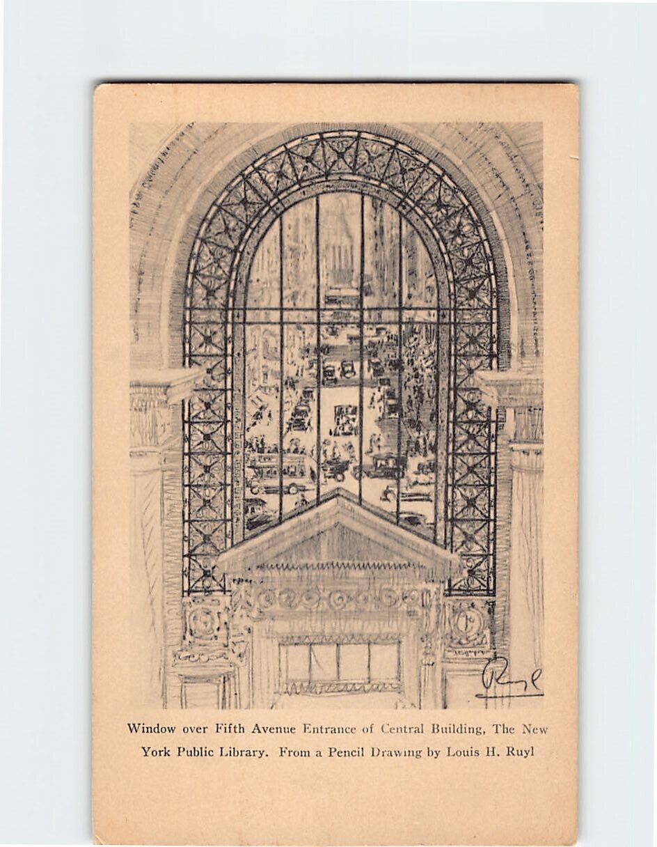 Postcard Window Over Fifth Avenue Entrance of Central Building NY Public Library
